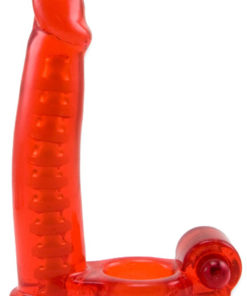 Double Penetrator Vibrating Cock Ring With Bendable Dildo - Red