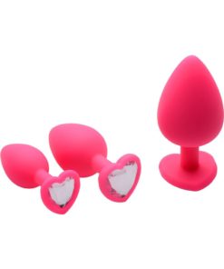 Frisky Pink Hearts 3 Piece Silicone Anal Plugs with Gem Accents - Pink