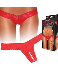Hustler Toys Crotchless Stimulating Panties Thong With Pearl Pleasure Beads Red Small/Medium