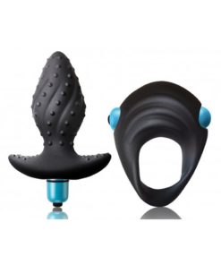 Ibex Kit Silicone Vibrating Cock Ring and Vibrating Butt Plug Set - Black/Blue