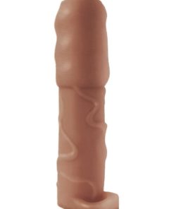 Natural Realskin Vibrating Uncircumcised Penis Extender With Scrotum Ring - Chocolate