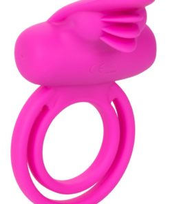 Silicone Rechargeable Dual Clit Flicker Vibrating Cockring Multispeed Waterproof Pink