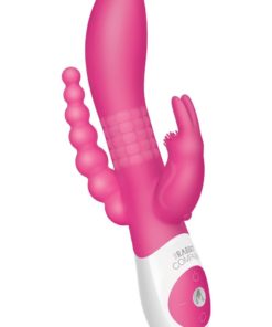 The Beaded DP Rabbit Rechargeable Silicone Vibrator With Clitoral And Anal Stimulation - Hot Pink
